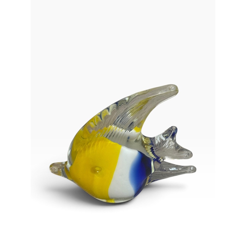 Hand Blown Art Glass Tropical Angelfish Figurine Paperweight Yellow Blue 4in